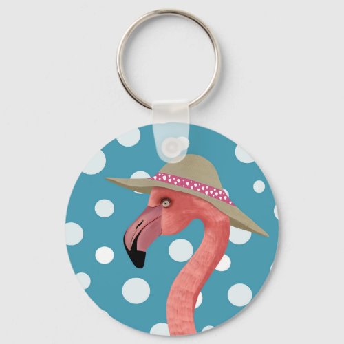 Cheerful Summer Flamingo Blue Polka Dot Summer Hat Keychain