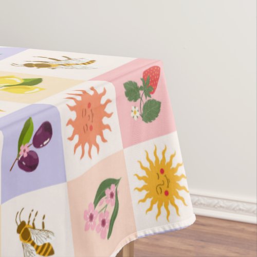 Cheerful Summer Fruits and Suns Bees Grid Pattern Tablecloth