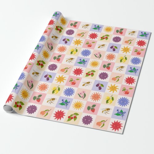 Cheerful Summer Fruits and Suns Bees Grid Pattern Wrapping Paper