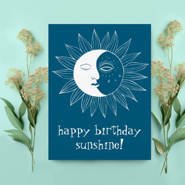 Cheerful Sun & Moon HAPPY BIRTHDAY CUSTOM Postcard (Sweet happy birthday boho postcard with sun and moon illustration. Add custom text)