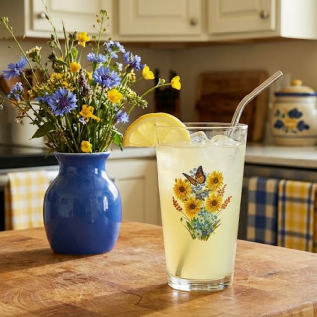 Cheerful Sunflower and Butterfly Bouquet Pint Glass (Creator Uploaded)