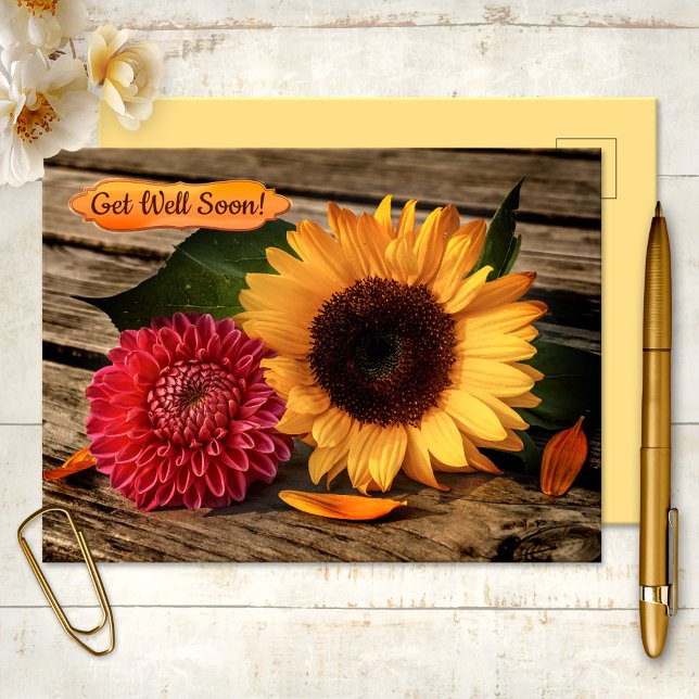 Cheerful Sunflower Dahlia Get Well Soon Postcard (Get Well Soon Postcard featuring a sunflower and dahlia flower on a wood background)