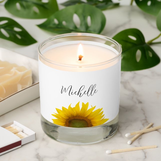 Cheerful Sunflower Elegant Script Floral   Scented Candle (Lit)