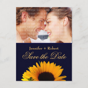 Cheerful Sunflower Navy Blue Photo Save the Date Announcement Postcard