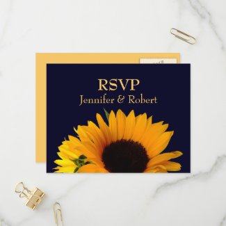 Cheerful Sunflower Navy Blue Wedding RSVP Invitation Postcard