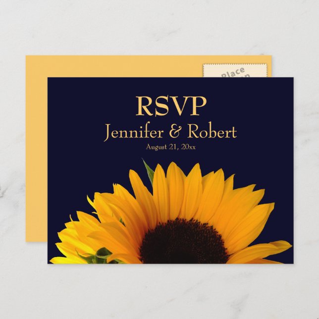 Cheerful Sunflower Navy Blue Wedding RSVP Invitation Postcard (Front/Back)