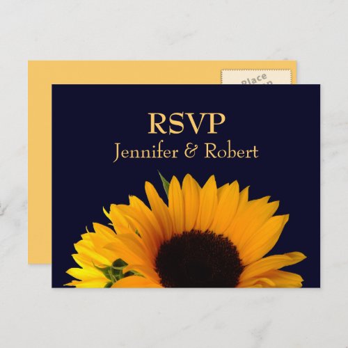 Cheerful Sunflower Navy Blue Wedding RSVP Invitation Postcard