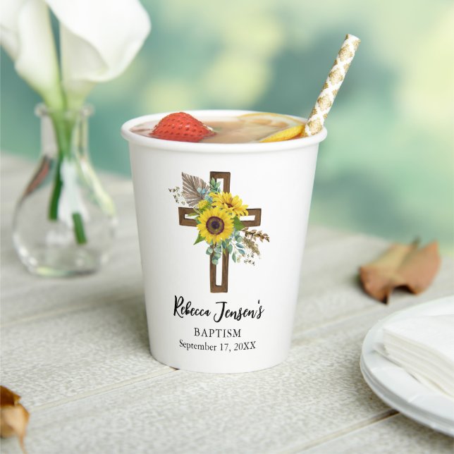Cheerful Sunflower Rustic Boho Dark Wooden Cross Paper Cups (Insitu)