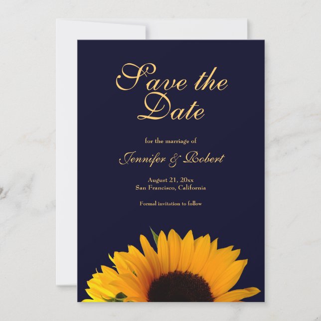 Cheerful Sunflower Save the Date Navy Blue Invitation (Front)