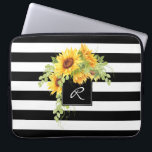 Cheerful Sunflowers and Stripes with Monogram Laptop Sleeve<br><div class="desc">A bouquet of cheerful sunflowers spills over a square frame surrounding your monogram in this stripes and floral design. Colors are black and white with floral bouquet in yellow and green with brown centers. Insert your monogram in place of the sample monogram shown in the design template.</div>