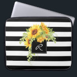 Cheerful Sunflowers and Stripes with Monogram Laptop Sleeve<br><div class="desc">A bouquet of cheerful sunflowers spills over a square frame surrounding your monogram in this stripes and floral design. Colors are black and white with floral bouquet in yellow and green with brown centers. Insert your monogram in place of the sample monogram shown in the design template.</div>