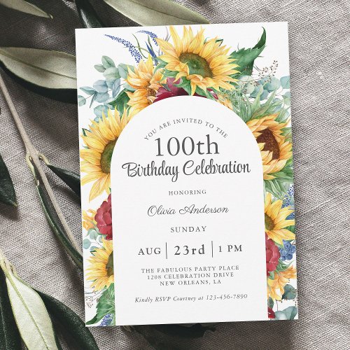 Cheerful Sunflowers Botanical 100th Birthday Party Invitation