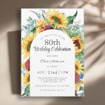Cheerful Sunflowers Botanical 80th Birthday Party Invitation<br><div class="desc">A beautifully colorful 80th Birthday Party invitation design with colorful watercolor floral elements that include yellow sunflowers, burgundy roses, eucalyptus and other mixed greenery. The looks is sunny and cheerful and sets the tone for your celebration in lovely style. Whether your event is indoors, or an outdoor barbecue, this invitation...</div>