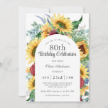 Cheerful Sunflowers Botanical 80th Birthday Party Invitation<br><div class="desc">A beautifully colorful 80th Birthday Party invitation design with colorful watercolor floral elements that include yellow sunflowers, burgundy roses, eucalyptus and other mixed greenery. The looks is sunny and cheerful and sets the tone for your celebration in lovely style. Whether your event is indoors, or an outdoor barbecue, this invitation...</div>