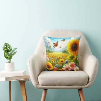 Cheerful Sunflowers Butterflies Floral  Throw Pillow by Susang6 at Zazzle