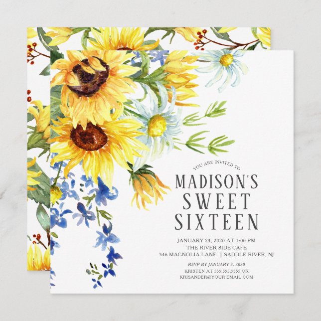 Cheerful Sunflowers Sweet Sixteen Birthday Party I Invitation (Front/Back)