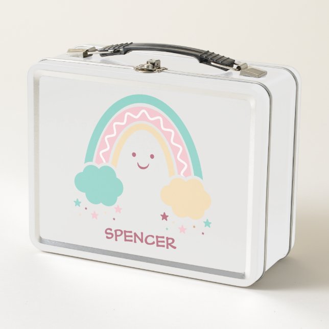 Cheerful Sunny Pastel Boho Rainbow Metal Lunch Box (Front)