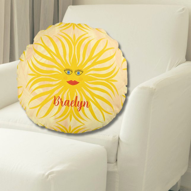 Cheerful Sunshine Sun Yellow Child Illustration Round Pillow (Happy Sunshine Sun Personalized Round Pillow)
