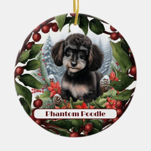 Cheerful Teacup Phantom Poodle Christmas Ceramic Ornament