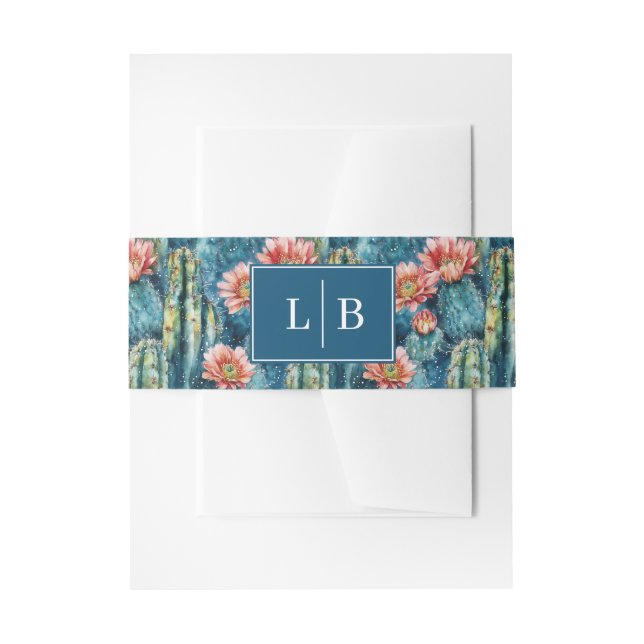 Cheerful Teal Botanical Cactus Invitation Belly Band (Front Example)