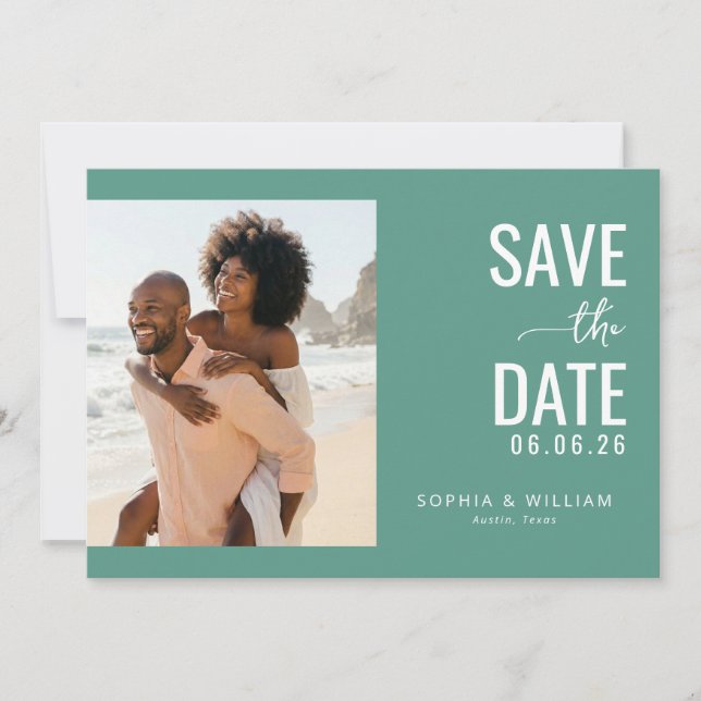 Cheerful Teal Contemporary Photo Save The Date (Front)