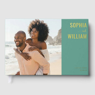 Cheerful Teal Minimalist Photo Foil Guest Book