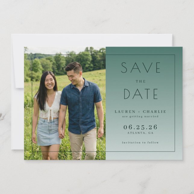 Cheerful Teal Minimalist Photo Save The Date (Front)