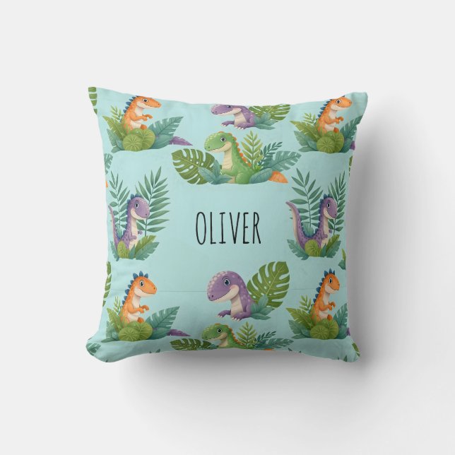 Cheerful Tropical Dinosaur Pattern Throw Pillow (Front)