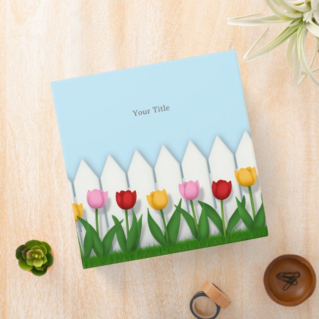 Cheerful Tulips & White Picket Fence Custom 2" 3 Ring Binder (In Situ)