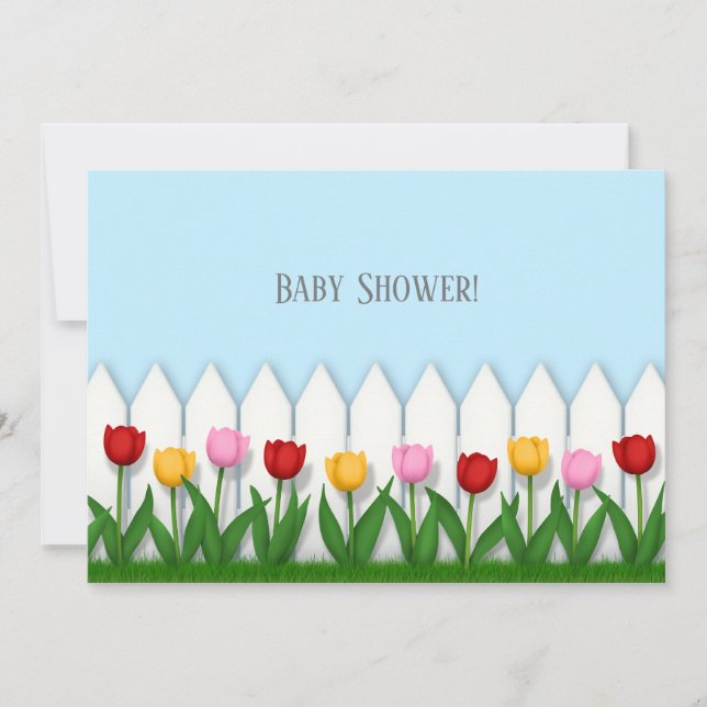 Cheerful Tulips & White Picket Fence Custom Invitation (Front)