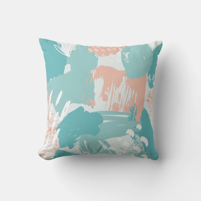 Cheerful Turquoise, Aqua and Coral Abstract Throw Pillow (Front)