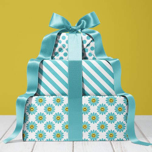 Cheerful Turquoise Daisy Floral Stripes Polka Dot Wrapping Paper Sheets