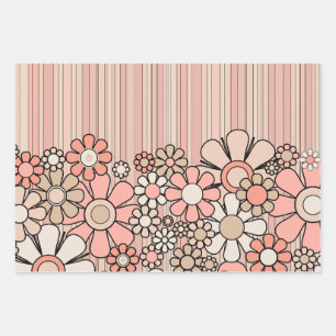 Cheerful Vintage 60s Retro Pink Flowers & Stripes Wrapping Paper Sheets