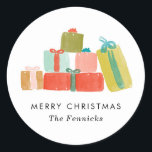 Cheerful Watercolor Christmas Presents Classic Round Sticker<br><div class="desc">Classic Colors Simple Modern Watercolor Christmas Gifts Presents Stripe Holiday Gift Tag Stickers</div>