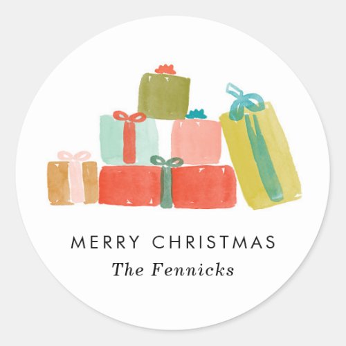 Cheerful Watercolor Christmas Presents Classic Round Sticker