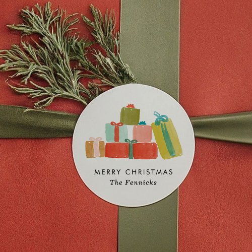 Cheerful Watercolor Christmas Presents Classic Round Sticker