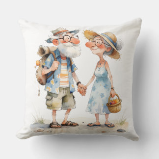 Cheerful Watercolor Elderly Couple Art Throw Pillow