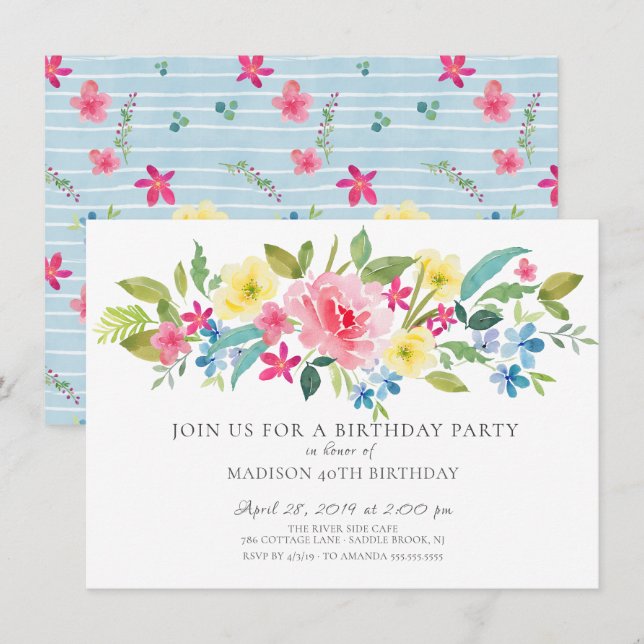 Cheerful Watercolor Floral Birthday Party Invitation (Front/Back)
