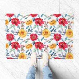 Cheerful Watercolor Floral Pattern in Yellow Rose Doormat