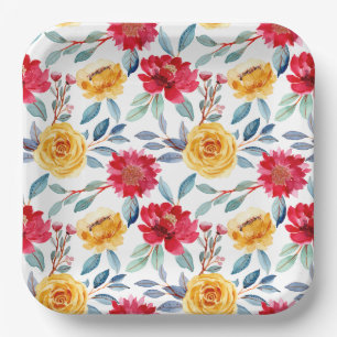 Cheerful Watercolor Floral Pattern in Yellow Rose Paper Plates