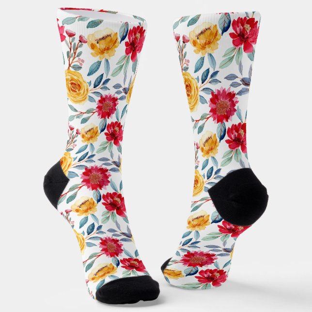 Cheerful Watercolor Floral Pattern in Yellow Rose Socks (Angled)