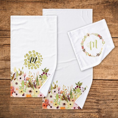 Cheerful Watercolor Flower Garden Monogram Bath Towel Set