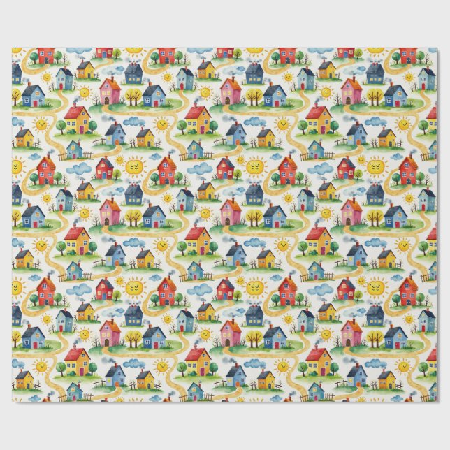 Cheerful Watercolor Realtor Houses Wrapping Paper (Flat)