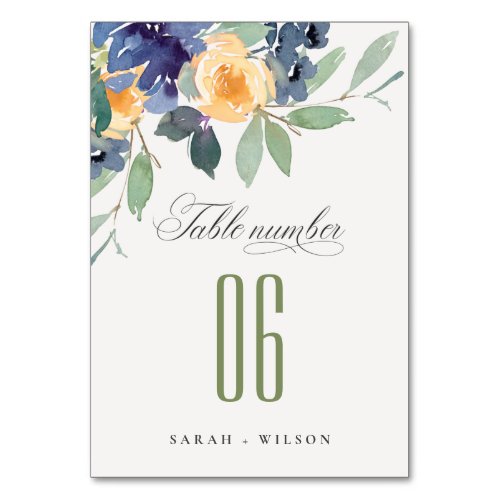 Cheerful Watercolor Yellow Blue Floral Wedding Table Number