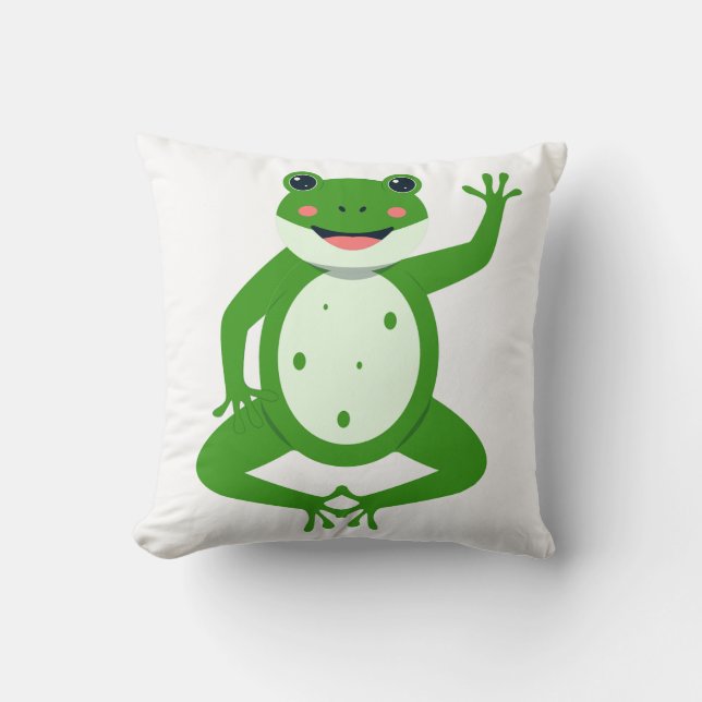 Cheerful Waving Green Frog Throw Pillow – Whimsica (Front)