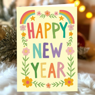 Cheerful Whimsical HAPPY NEW YEAR Handlettering Card