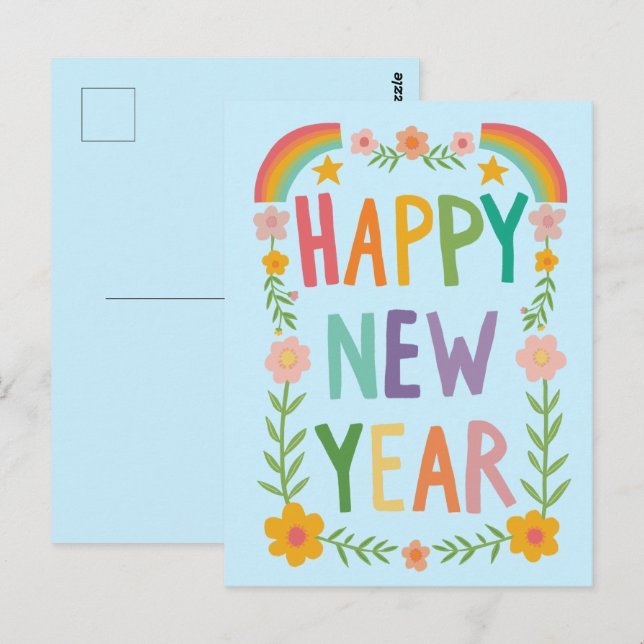 Cheerful Whimsical HAPPY NEW YEAR Handlettering  Postcard (Front/Back)