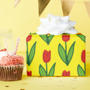 Cheerful whimsical red tulip flower custom yellow wrapping paper