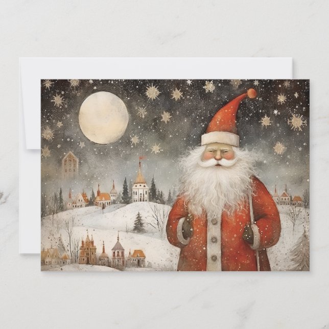 Cheerful Whimsical Santa Claus in a Snowy Village Holiday Card (Front)