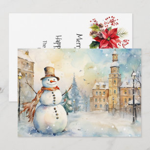 Cheerful Whimsical Snowman in a Snowy Village Holiday Card